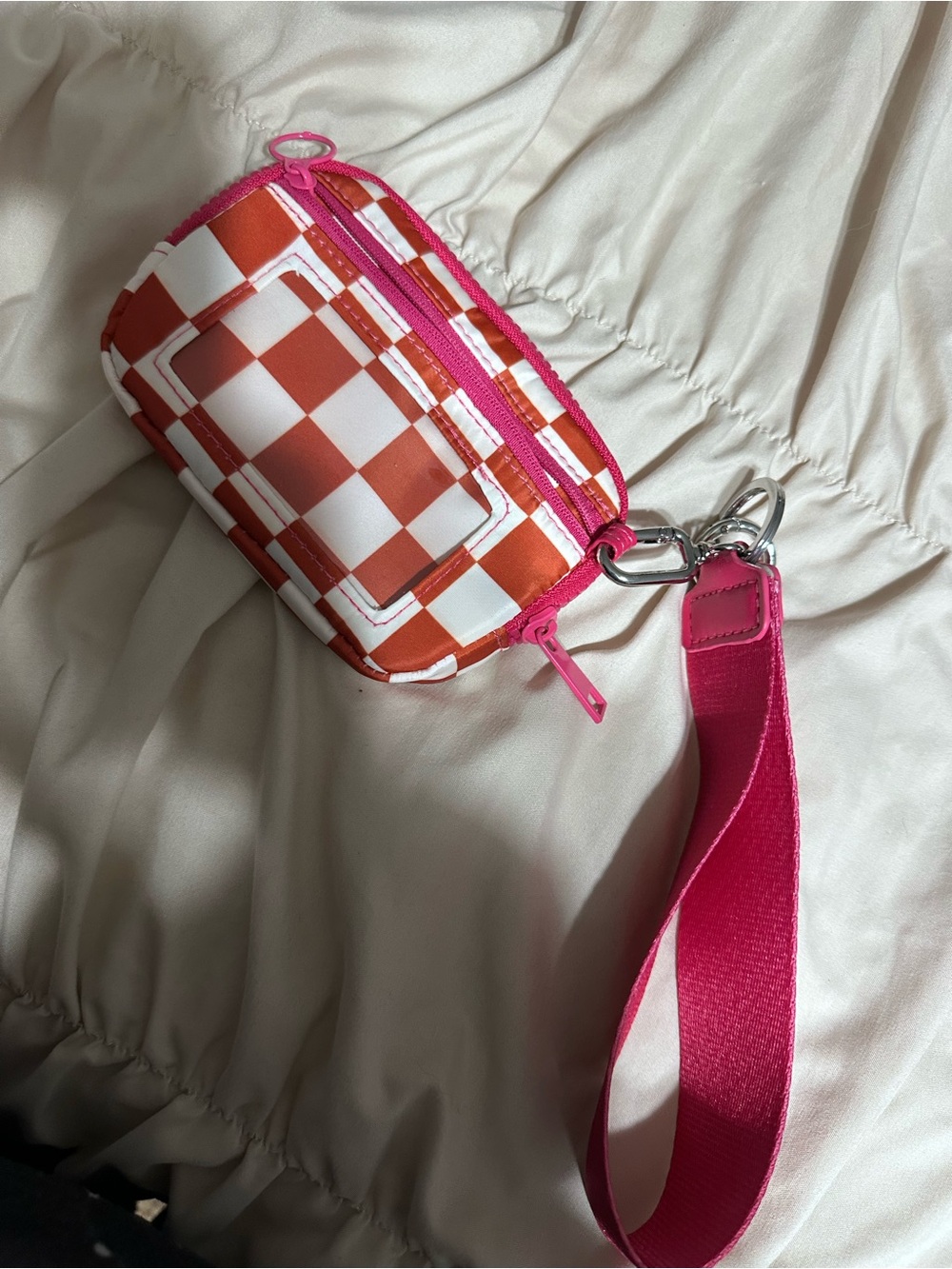 New red and pink checkered wallet wristlet